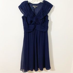 Donna Ricco Silk Midi Dress Sheer Overlay Draped Front Gathered Collar Bodice 💙